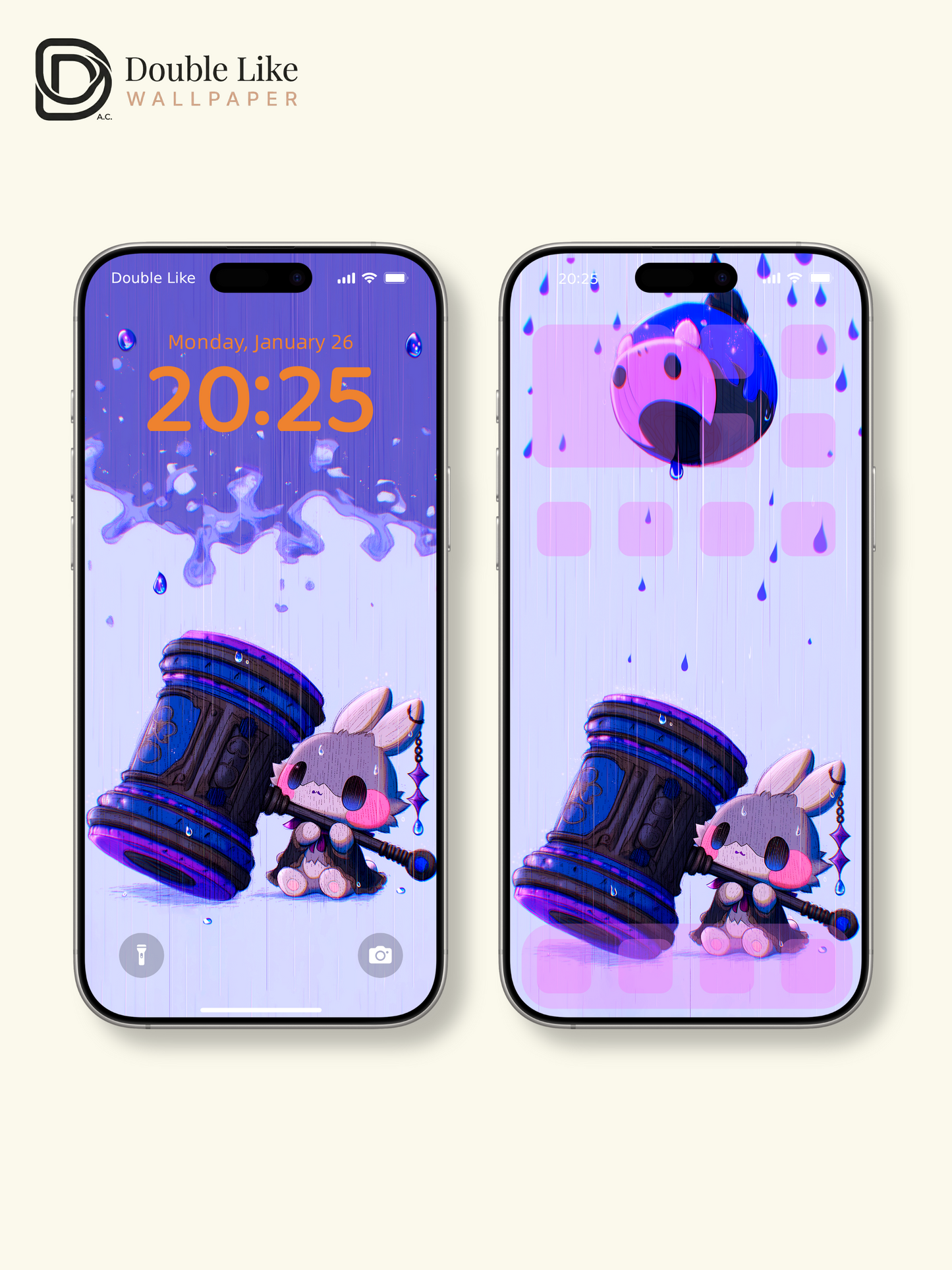 Cute Masked Bunny Giant Mallet Rainy Purple Aesthetic Wallpaper Pack [#HW1511]