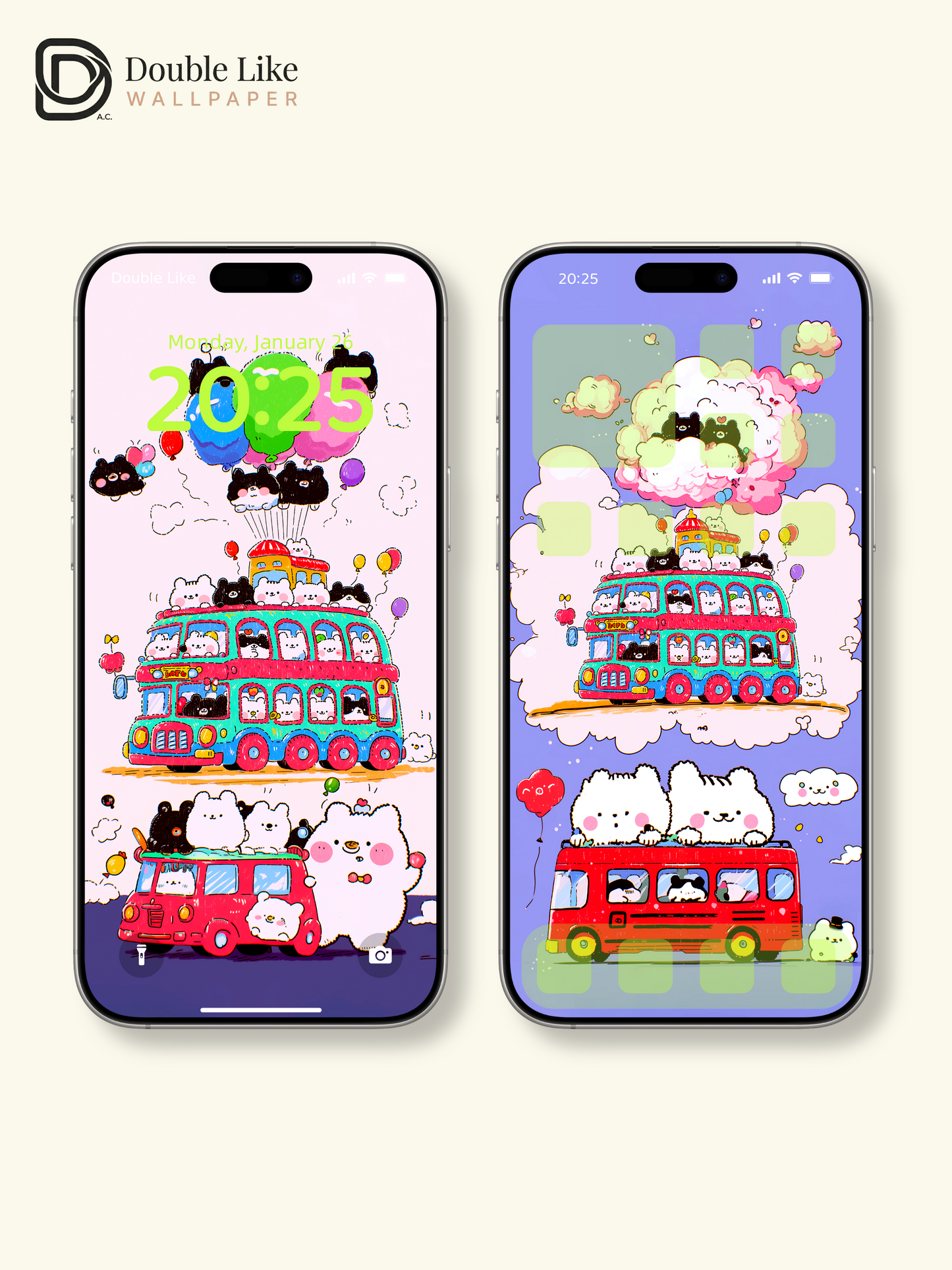 Cute Kawaii Animals Double Decker Party Bus Aesthetic Wallpaper Pack [#HW1502]