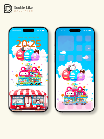 Cute Kawaii Animals Pink Bus Party Summer Aesthetic Wallpaper Pack [#HW1506]