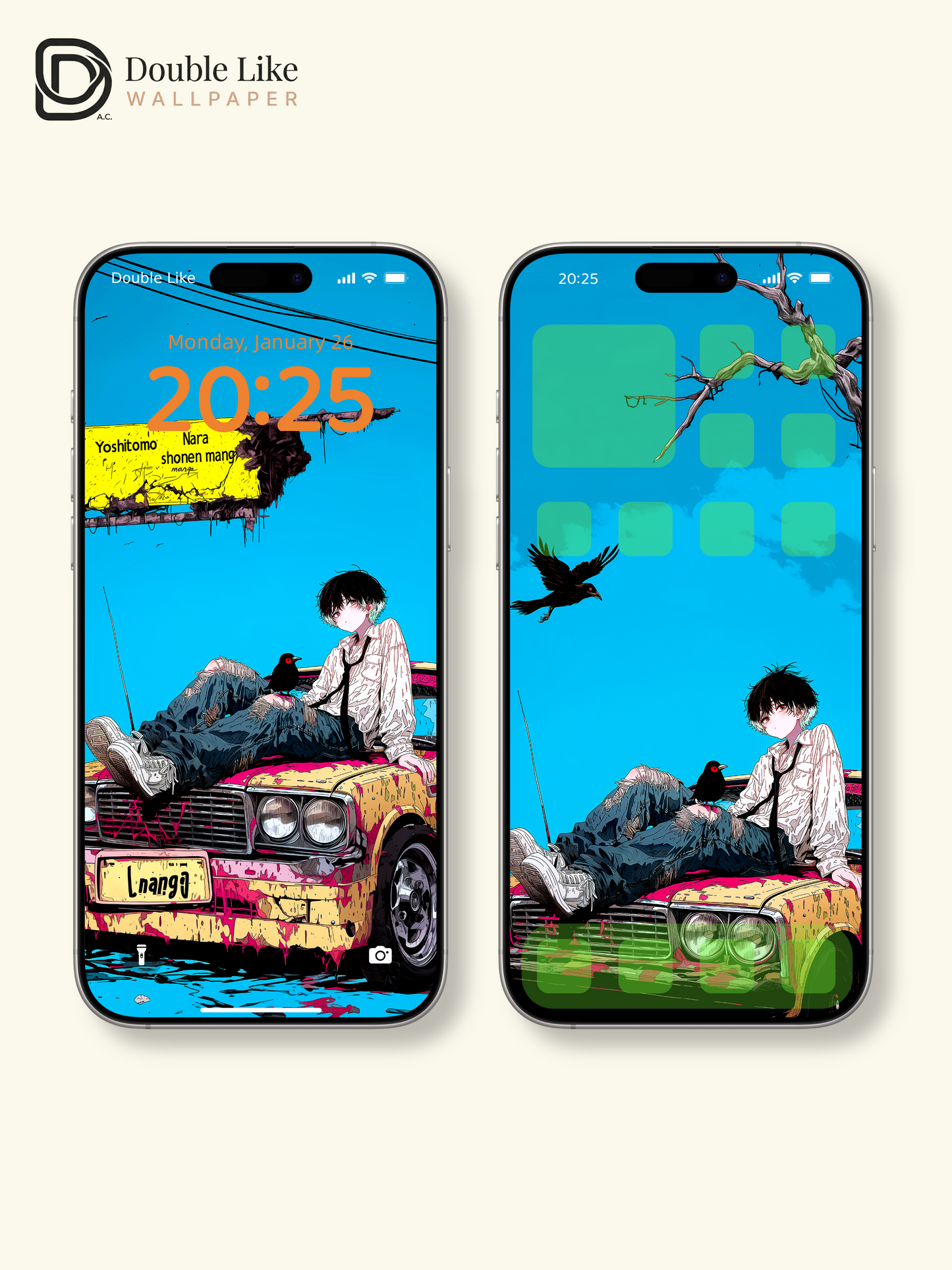 Retro Anime Boy Vintage Car Cyan Sky Urban Grunge Aesthetic Wallpaper Pack [#HW1515]