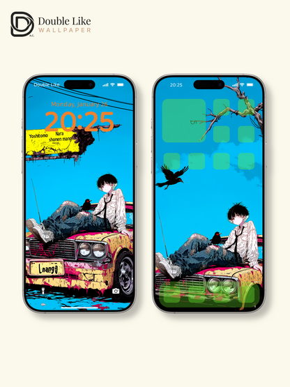 Retro Anime Boy Vintage Car Cyan Sky Urban Grunge Aesthetic Wallpaper Pack [#HW1515]