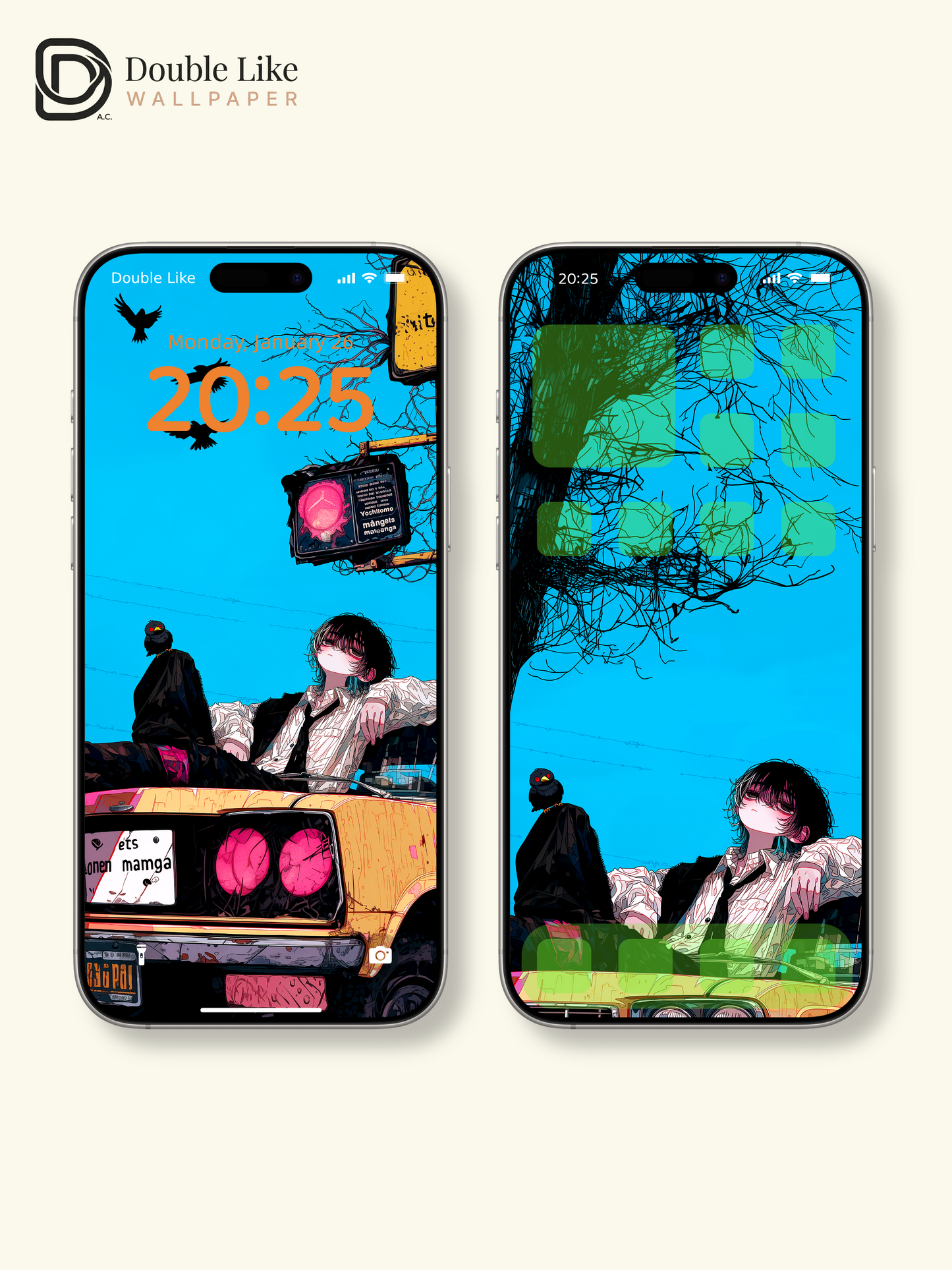 Retro Anime Boy Yellow Car Cyan Sky Urban Grunge Aesthetic Wallpaper Pack [#HW1514]