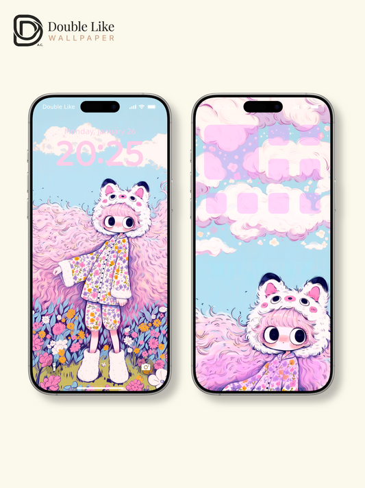 Kawaii Anime Girl Fluffy Animal Hat Sakura Floral Wallpaper [#HW1480]
