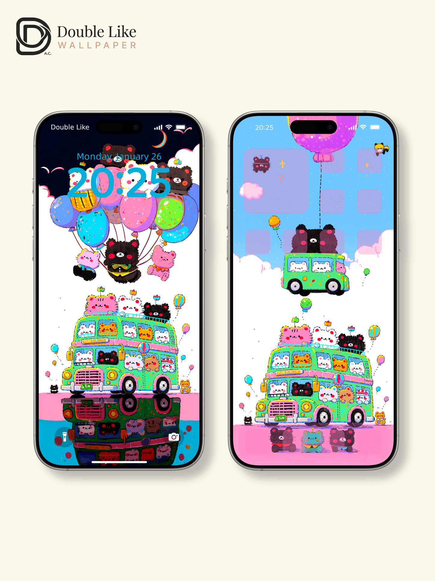 Cute Kawaii Animals Green Tour Bus Giant Bear Aesthetic Wallpaper Pack [#HW1507]