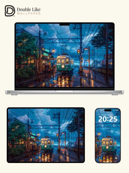 Rainy Japanese Street Tram Anime Aesthetic Wallpaper Pack [#WGF051]