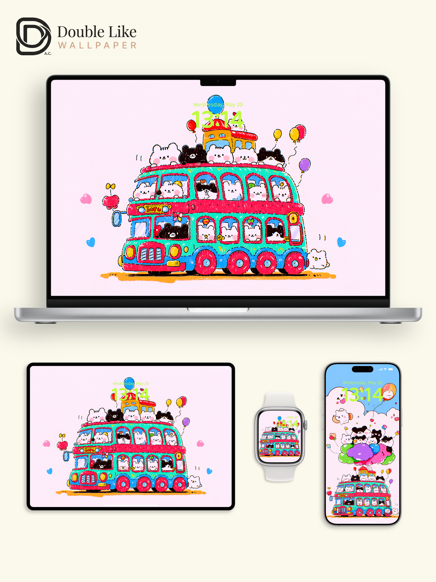 Cute Kawaii Animals Double Decker Party Bus Aesthetic Wallpaper Pack [#HW1502]