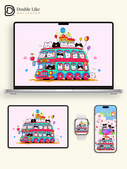 Cute Kawaii Animals Double Decker Party Bus Aesthetic Wallpaper Pack [#HW1502]