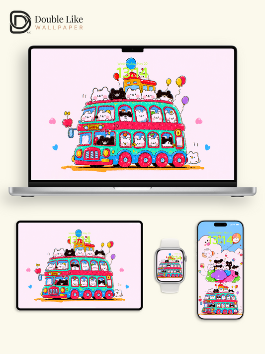 Cute Kawaii Animals Double Decker Party Bus Aesthetic Wallpaper Pack [#HW1502]