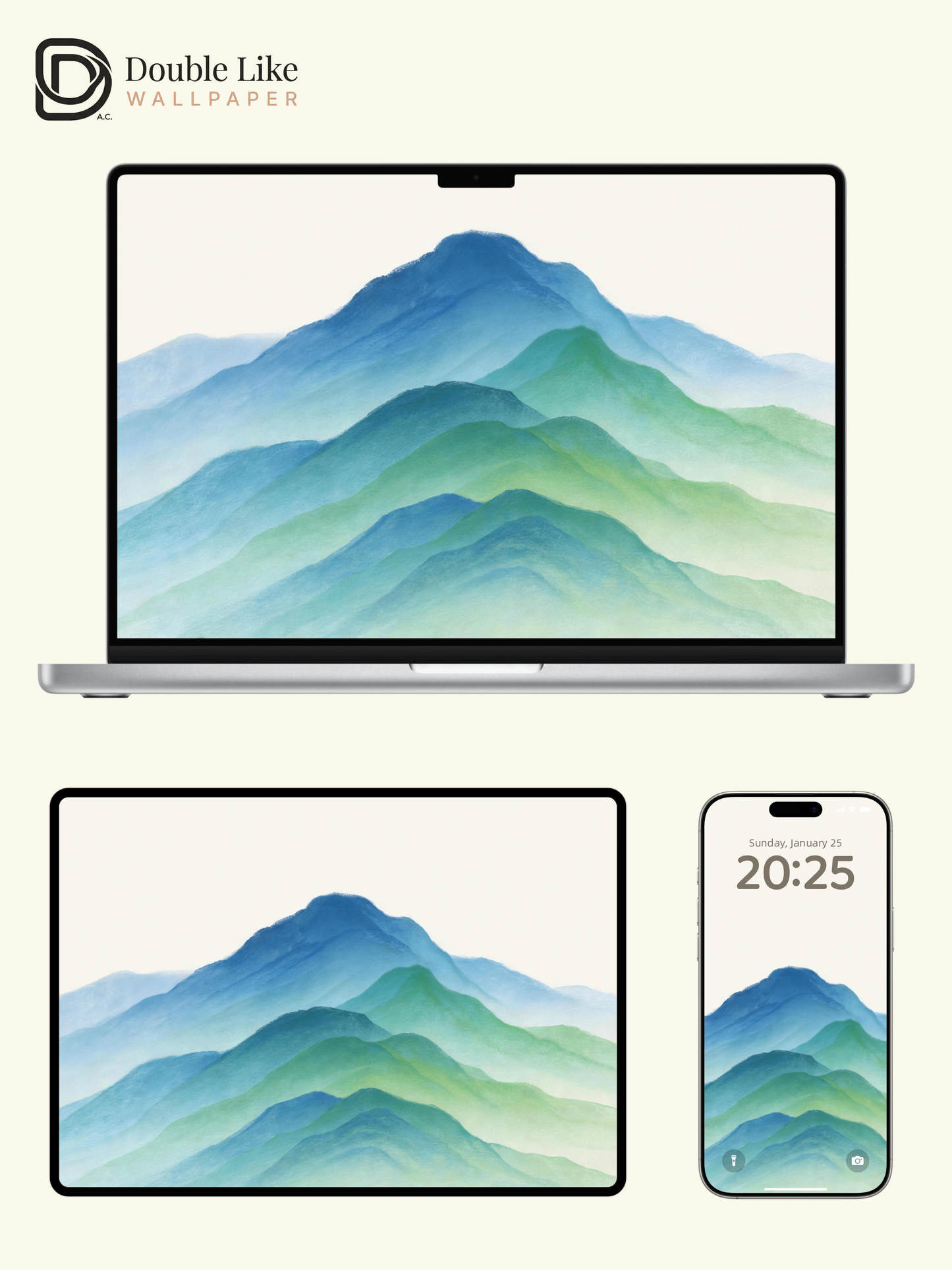 Misty Blue-Green Mountains" Healing Watercolor Wallpaper Set [#LFHL30518]