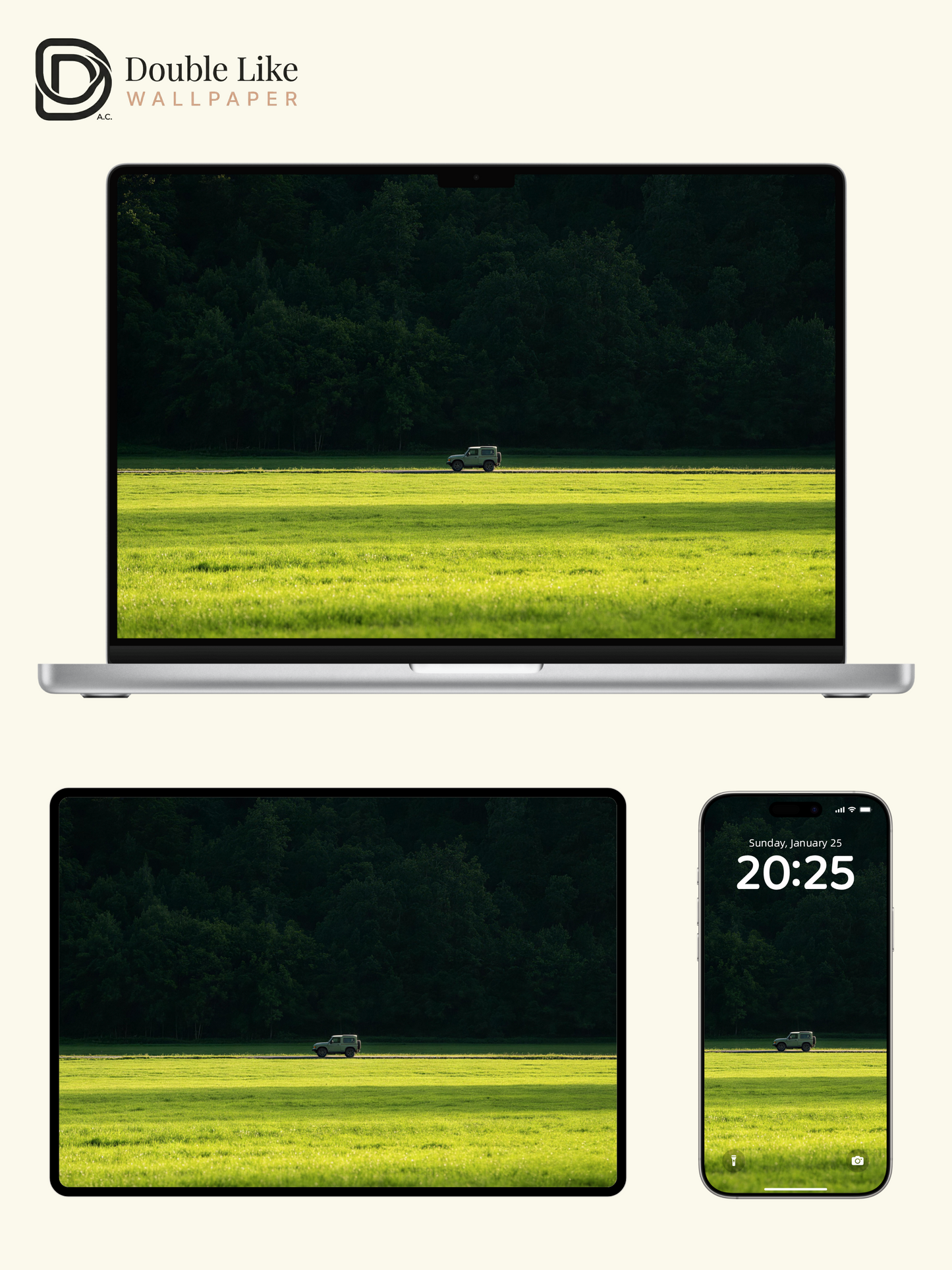 Minimalist Cinematic Green Forest and Grassland Off-Road Vehicle Aesthetic Wallpaper [#LFHL30521]