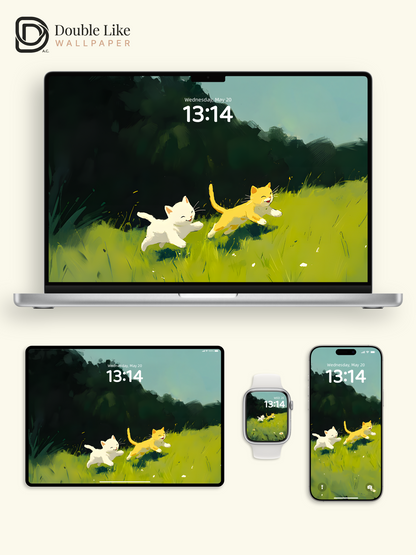 Happy Kittens Running On Grass Cute Art Full Wallpaper Set [#ZMY000]