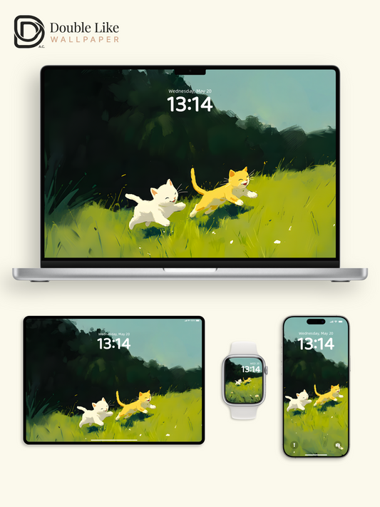 Happy Kittens Running On Grass Cute Art Full Wallpaper Set [#ZMY000]