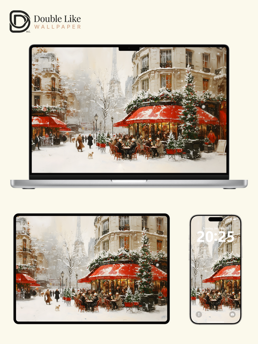 Cozy Christmas Paris Cafe Snow Illustration Aesthetic Wallpaper Pack [#WGF073]