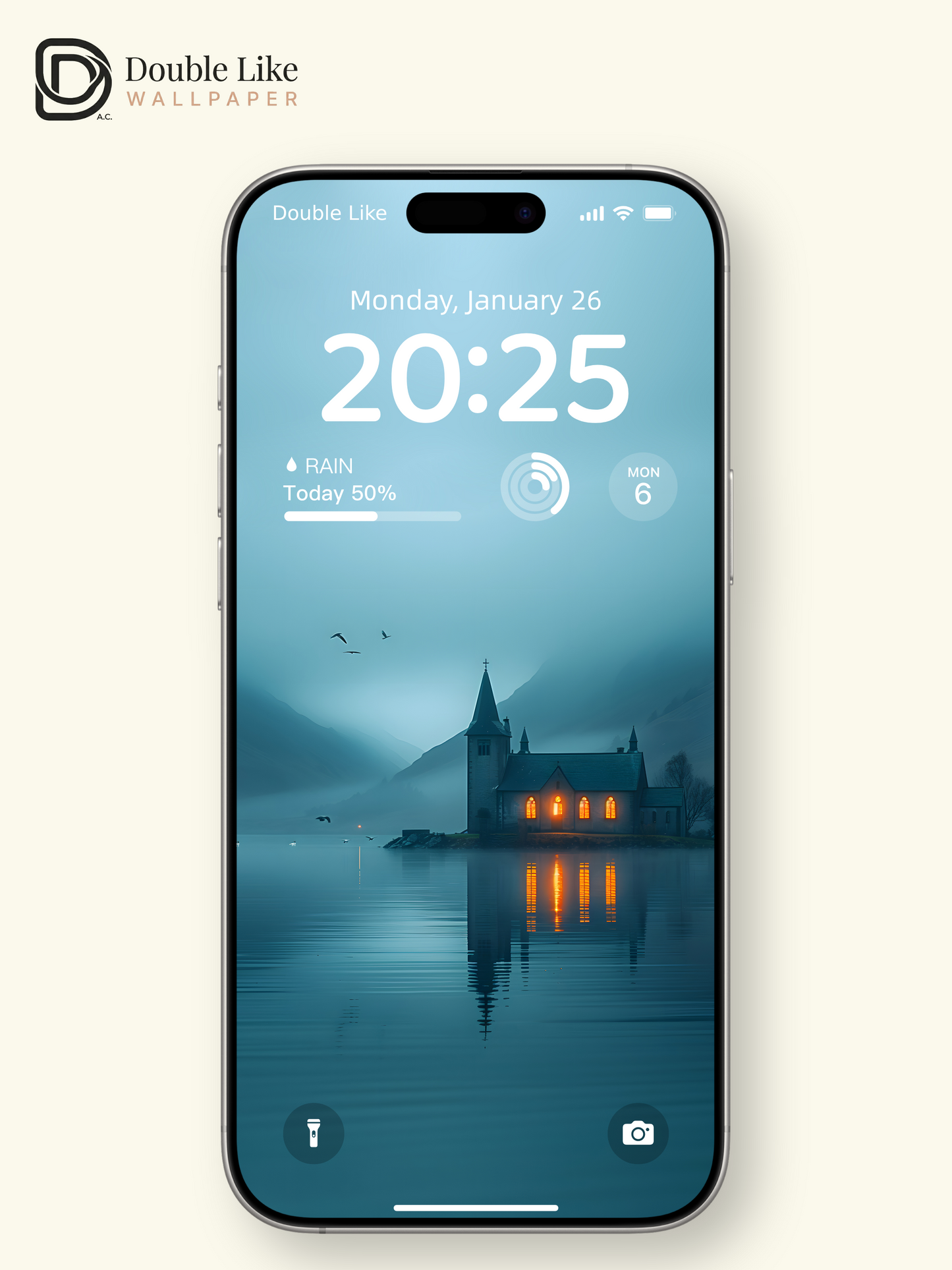 Misty Lake Church Dreamy Blue Landscape Wallpaper [#ZJYX0152]