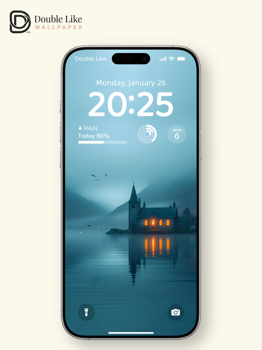 Misty Lake Church Dreamy Blue Landscape Wallpaper [#ZJYX0152]