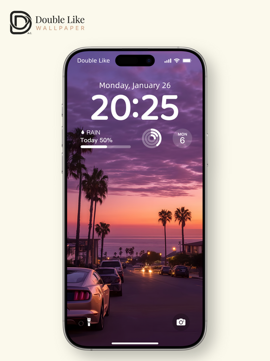 Purple Sunset Coastal Town Palm Trees Landscape Wallpaper Pack [#ZJYX0702]