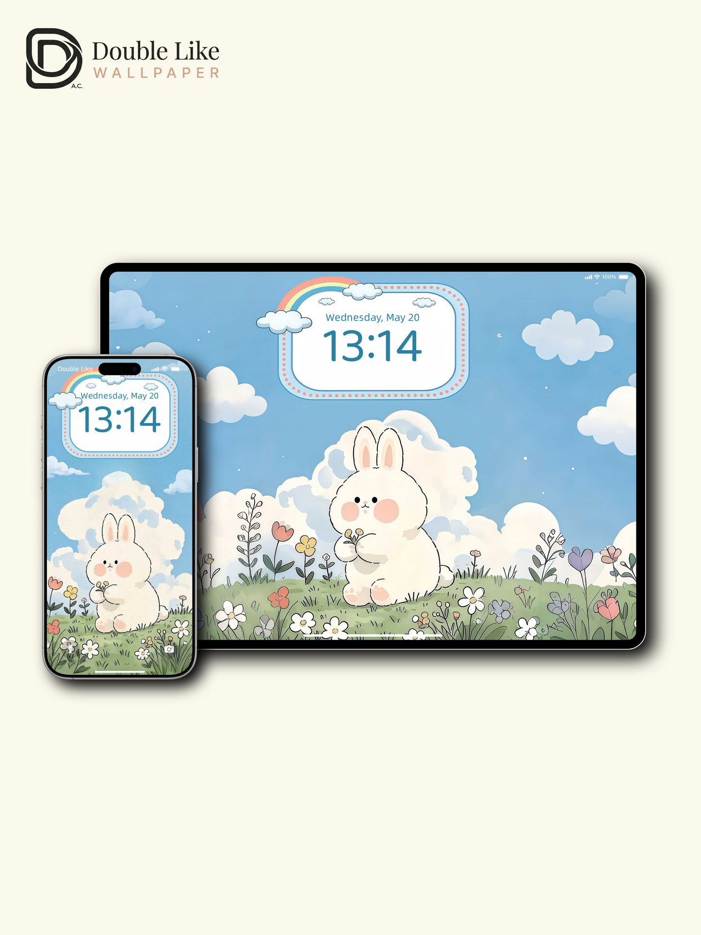 Cute Fluffy Bunny Rainbow Garden Illustration Wallpaper Pack [#JJ08]