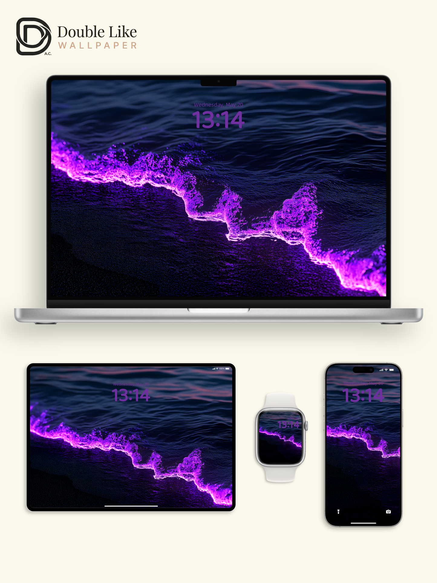 Bioluminescent Purple Ocean Wave Glowing Shoreline Aesthetic Wallpaper Pack [#ZMY055]
