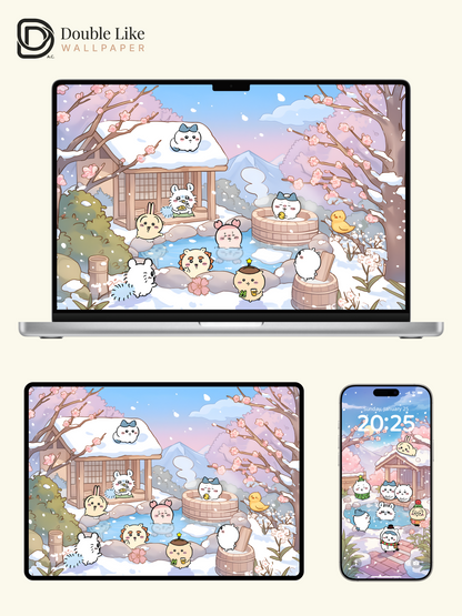 Snowy Onsen & Cherry Blossoms – Cute Animal Winter Healing Wallpaper Set (Lock Screen + Home Screen) [#CKW302]