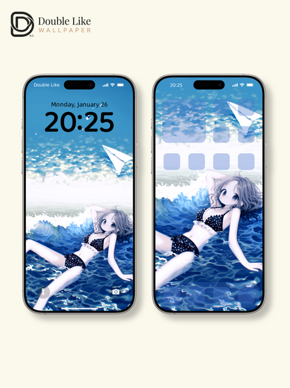 Cute Anime Girl Summer Ocean Beach Kawaii Aesthetic Wallpaper Pack [#HW1470]