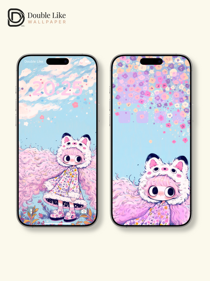Kawaii Anime Girl Fluffy Animal Hat Sakura Floral Wallpaper [#HW1480]
