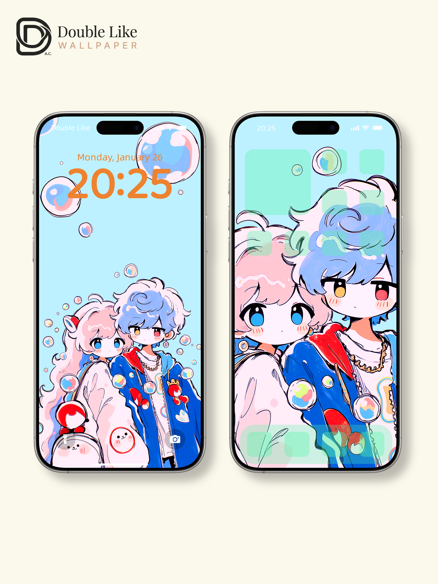 Cute Anime Couple Pastel Bubbles Romantic Kawaii Aesthetic Wallpaper Pack [#HW1516]