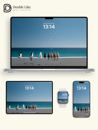 Cute Cats Seawall Ocean View Healing Aesthetic Wallpaper Pack [#JJ1269]