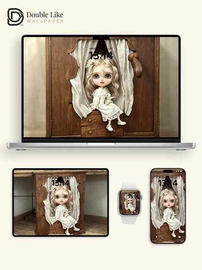 Healing Vintage Blythe Doll In Wooden Cabinet Aesthetic Wallpaper [#HWWs009]