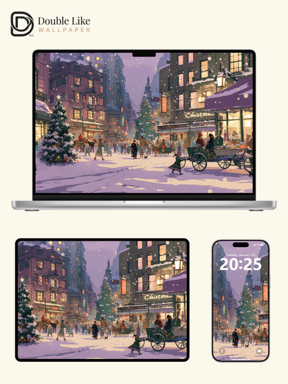 Cozy Christmas Snowy Town Purple Twilight Anime Aesthetic Wallpaper Pack [#WGF066]