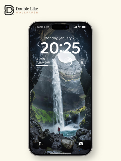 Misty Cave Waterfall & Red Traveler Nature Wallpaper Pack [#JJ1398]
