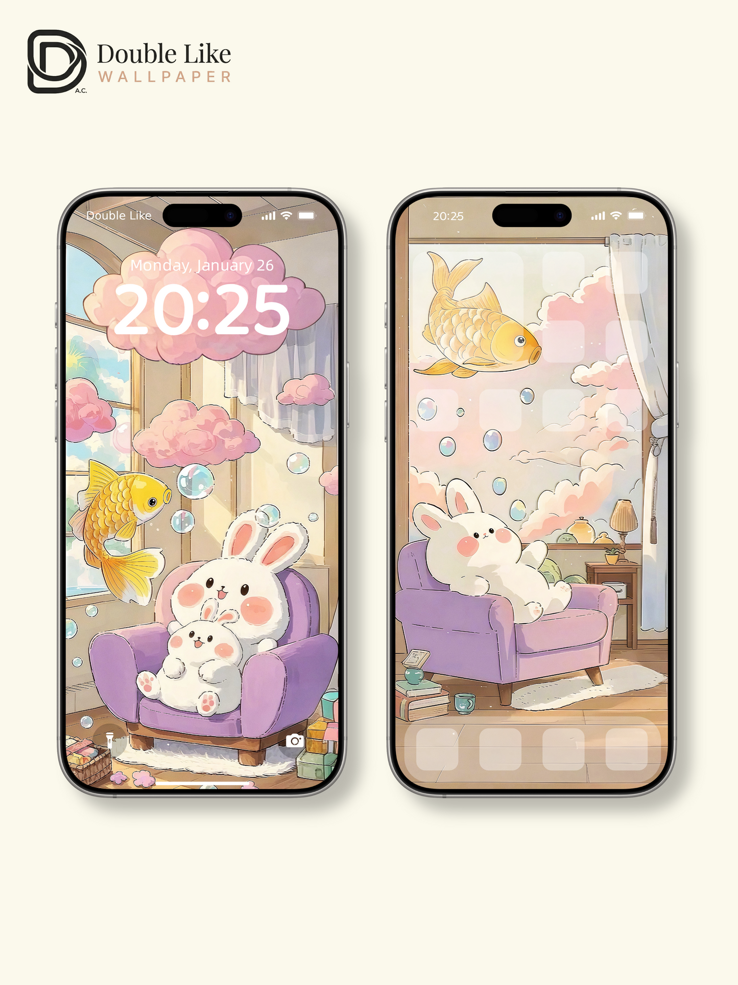 Cute Bunny and Golden Fish Cozy Room Illustration Wallpaper Pack [#JJ10]