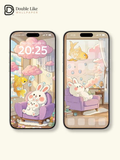 Cute Bunny and Golden Fish Cozy Room Illustration Wallpaper Pack [#JJ10]