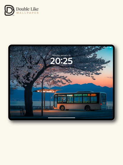 Spring Cherry Blossom Bus Stop Twilight Landscape Wallpaper Pack [#ZJYX0452]