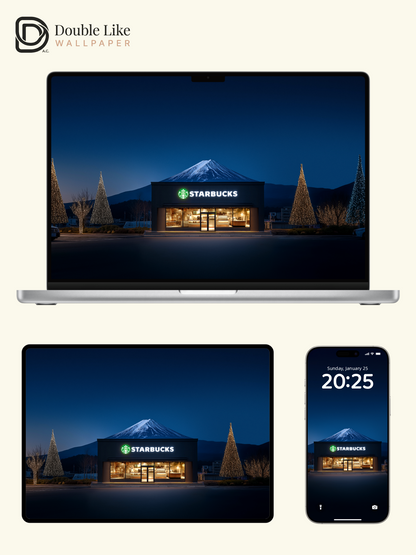 Mount Fuji Winter Starbucks Christmas Trees Night Aesthetic Wallpaper Pack [#JJ21211]