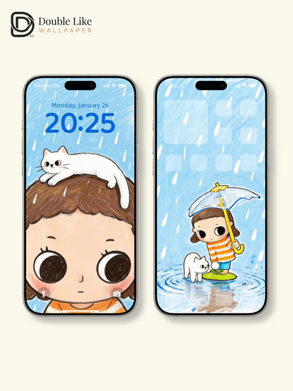 Rainy Day Little World My Cat Stays With Me Wallpaper Pack [#JJ398]