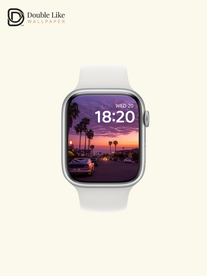 Purple Sunset Coastal Town Palm Trees Landscape Wallpaper Pack [#ZJYX0702]