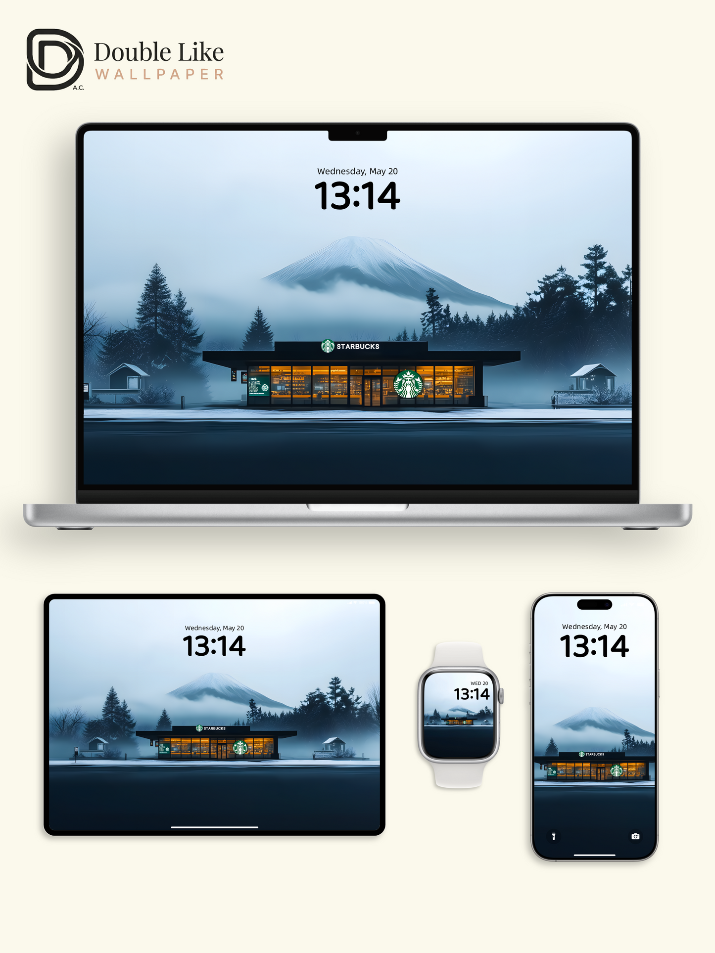 Combined Product Name: Foggy Mount Fuji Warm Light Starbucks Lonely Calming Atmospheric Winter Landscape Full-Device Wallpaper Pack [#ZMY097]