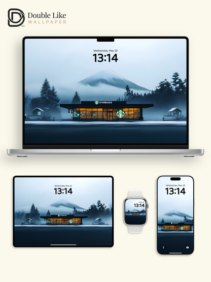 Combined Product Name: Foggy Mount Fuji Warm Light Starbucks Lonely Calming Atmospheric Winter Landscape Full-Device Wallpaper Pack [#ZMY097]