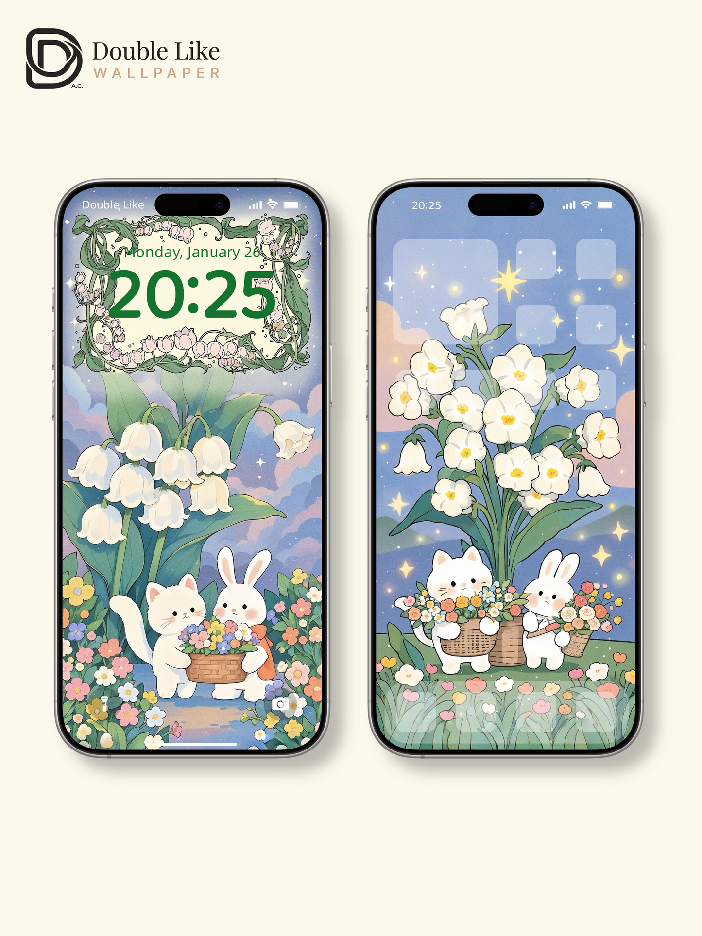 Cute Cat and Bunny Pastel Starry Garden Illustration Wallpaper Pack [#JJ05]