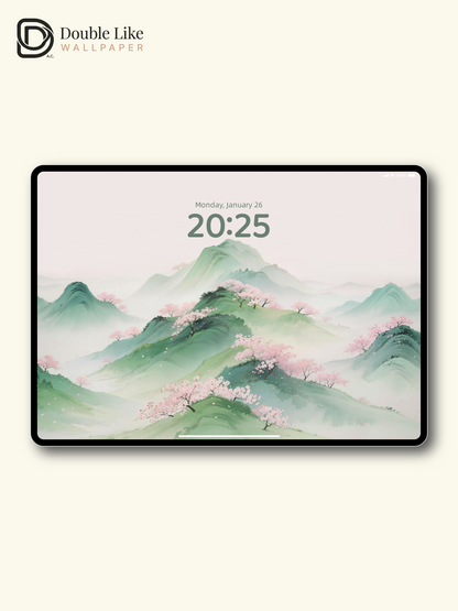 Green Mist Spring Mountains With Pink Peach Blossoms Calm Romantic Chinese Landscape Wallpaper Pack [#LFHL30421]
