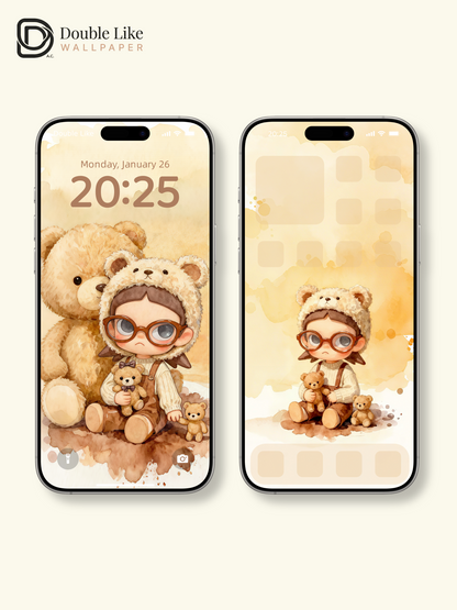 Cozy Teddy Bear Hug Wallpaper – Cute Big-Eyes Kid Watercolor Lock Screen Set  [#JJ228]