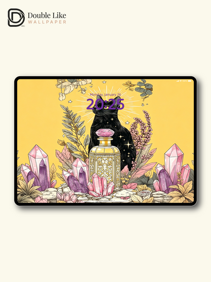 Cat Wallpaper | "Guardian Spirit Cat", original high‑definition wallpaper featuring a black cat & perfume bottle [#HWWx011]