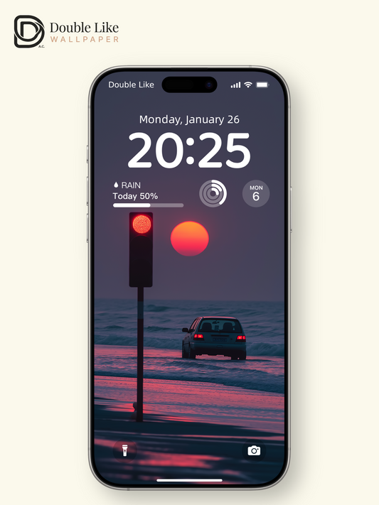 Lonely Red Traffic Light Sunset Beach Digital Art Wallpaper Pack [#ZJY218]