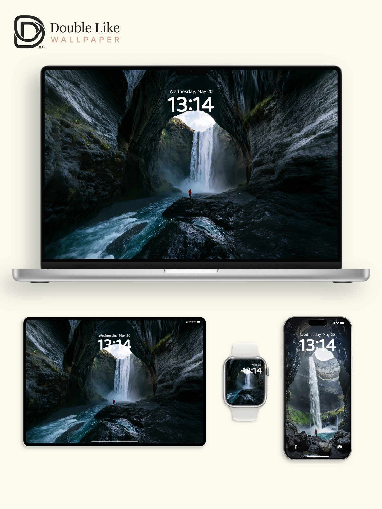 Misty Cave Waterfall & Red Traveler Nature Wallpaper Pack [#JJ1398]