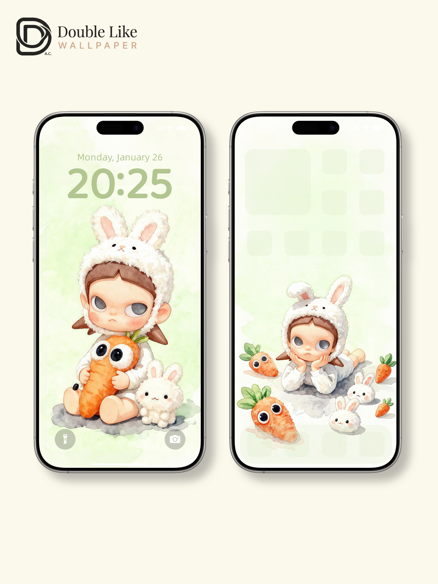 Cozy Bunny Hug Wallpaper – Cute Big-Eyes Kid Watercolor Lock Screen Set [#JJ230]