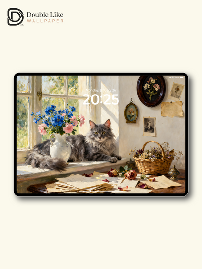 Vintage Oil Painting Fluffy Maine Coon Cat Window Flowers Aesthetic Wallpaper Pack [#ZMY497]