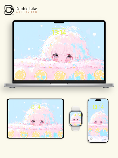 Cute Pastel Lemon Girl Peeking Cream Cake Kawaii Aesthetic Wallpaper Pack [#HW1501]