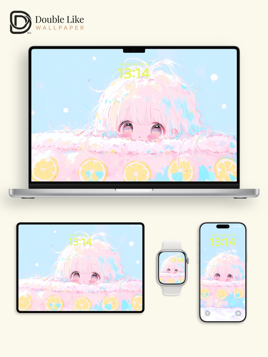 Cute Pastel Lemon Girl Peeking Cream Cake Kawaii Aesthetic Wallpaper Pack [#HW1501]
