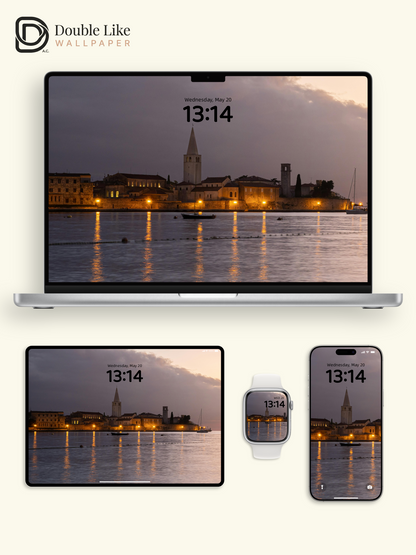 Coastal European Old Town Bell Tower Dusk Water Reflections Aesthetic Wallpaper Pack [#ZMY399]