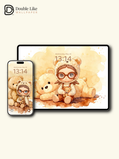Cozy Teddy Bear Hug Wallpaper – Cute Big-Eyes Kid Watercolor Lock Screen Set  [#JJ228]